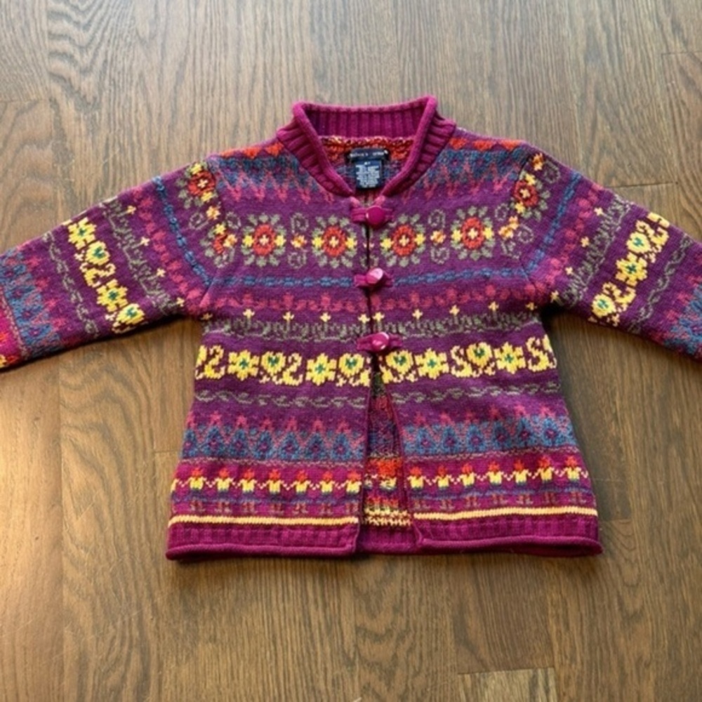 Aztec & flower print Button-Up pink sweater 4T Coquete cottagecore boho